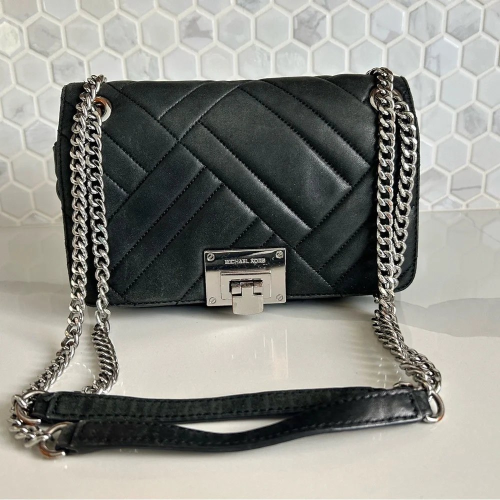 Michael Kors Black Quilted Shoulder Bag with Silver Chain